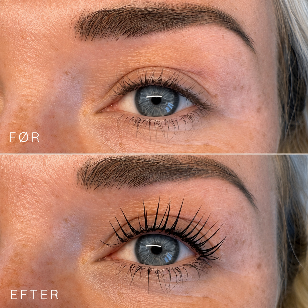 Før og efter Koreansk Lash Lift hos By Forslund i Køge